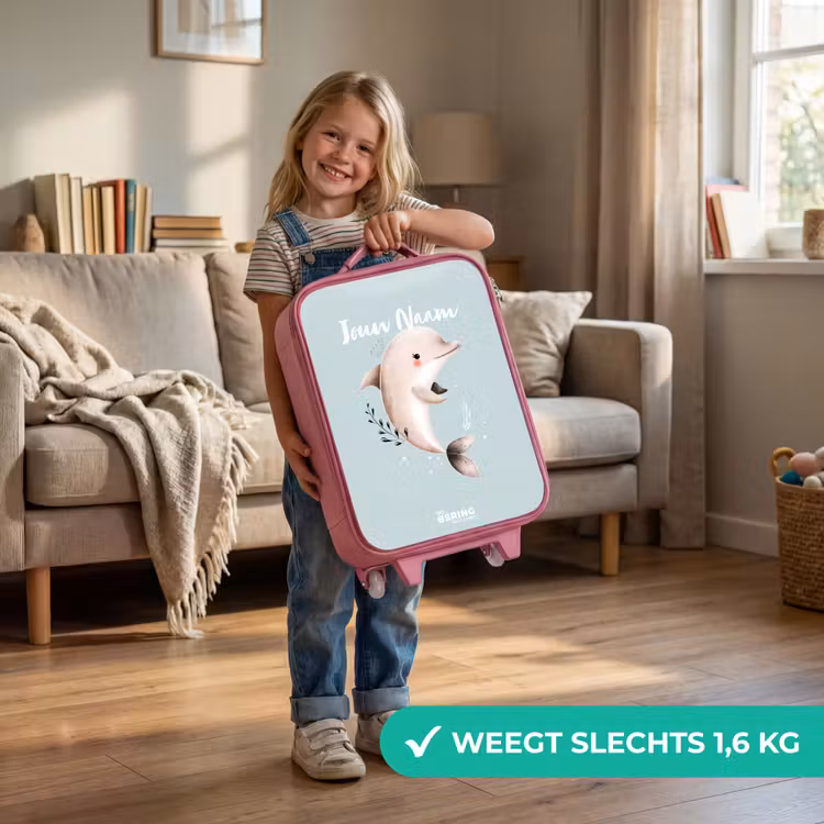 Beige dolfijn in blauw water Kinderkoffer - Roze klein -sfeer2_NL