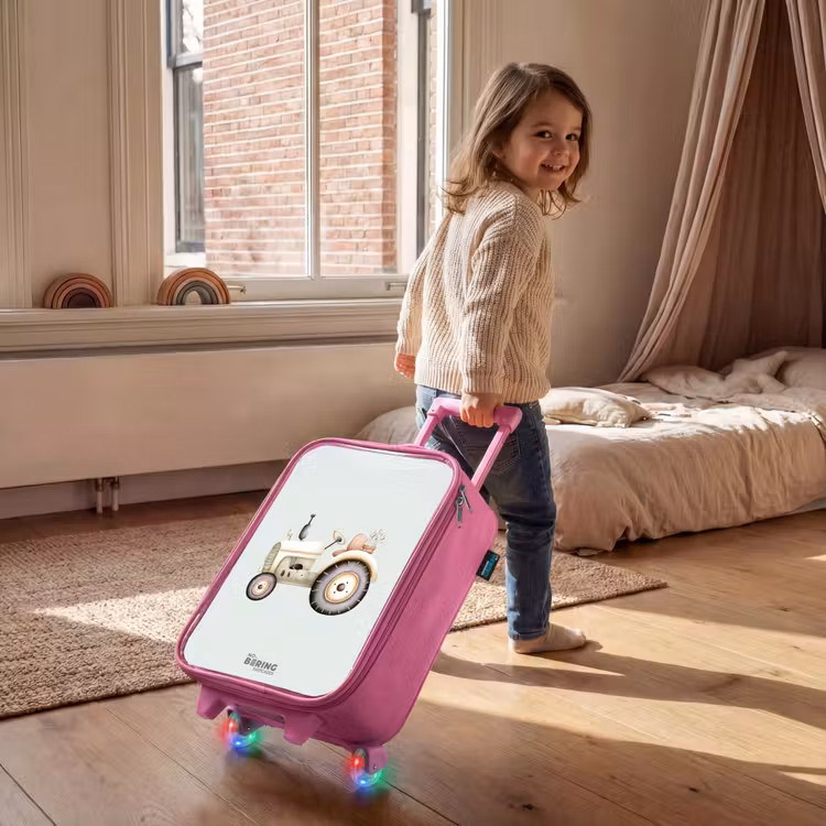 Beige vintage tractor in pastel groene kleuren Kinderkoffer - Roze klein -sfeer1
