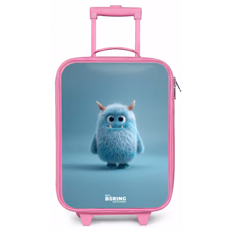 Blauw pluizig monster met hoorns Kinderkoffer - Roze klein -zz3dotto