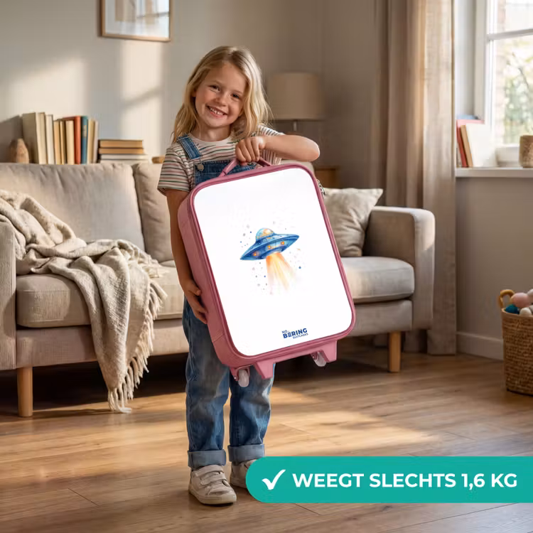 Blauw ruimteschip met lichtstraal Kinderkoffer - Roze klein -sfeer2_NL