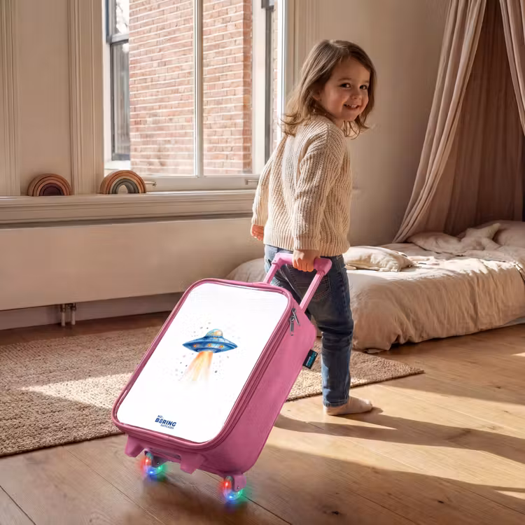Blauw ruimteschip met lichtstraal Kinderkoffer - Roze klein -sfeer1