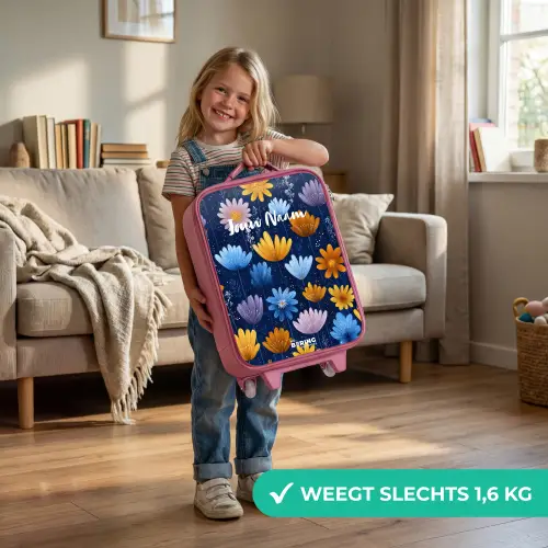 Bloemen op een donkerblauwe achtergrond Kinderkoffer - Roze klein -sfeer2_NL