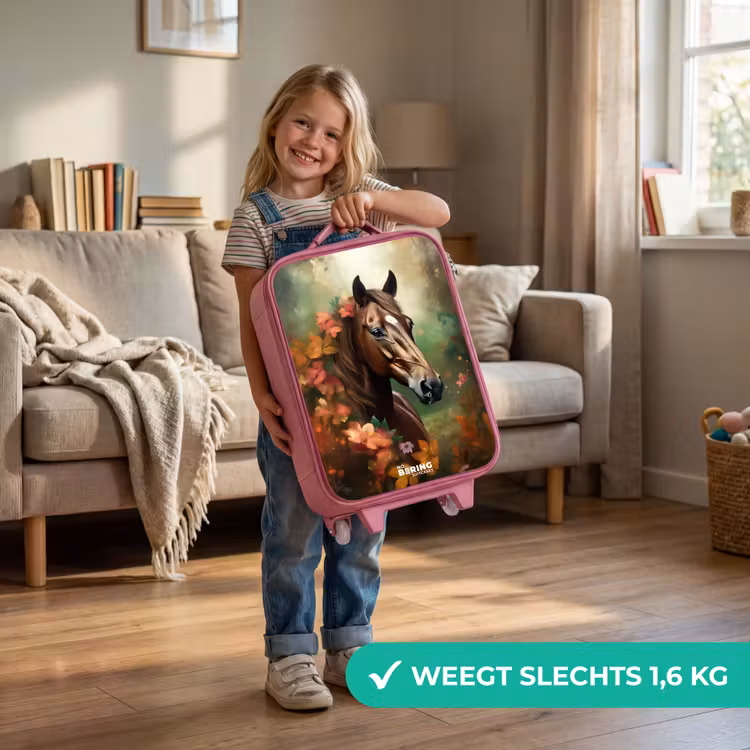 Bruin paard tussen de bloemen Kinderkoffer - Roze klein -sfeer2_NL