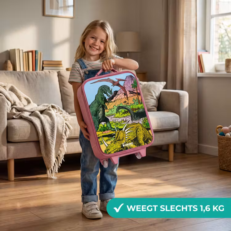 Dino's bij een vulkaan Kinderkoffer - Roze klein -sfeer2_NL