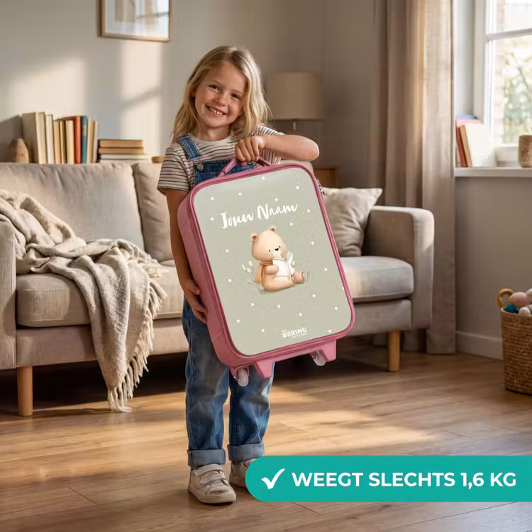 Een bruine beer die een boek leest - Groen Kinderkoffer - Roze klein -sfeer2_NL