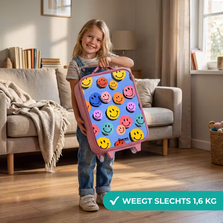 Een speels en kunstzinnig patroon van kleurrijke smileys Kinderkoffer - Roze klein -sfeer2_NL