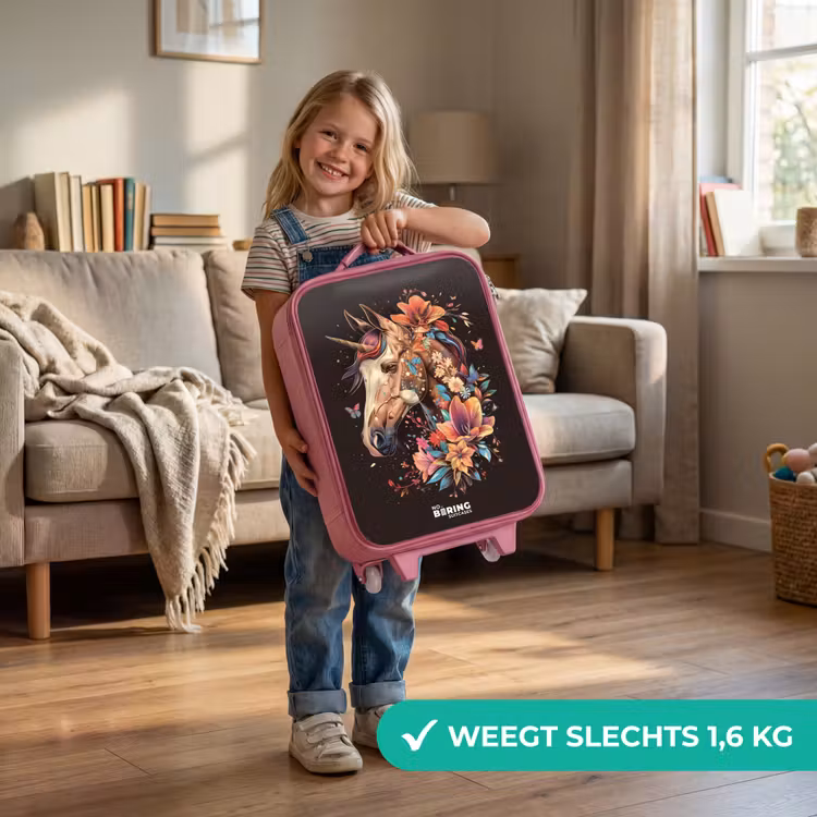 Eenhoorn en Bloemen op Zwarte Achtergrond Kinderkoffer - Roze klein -sfeer2_NL