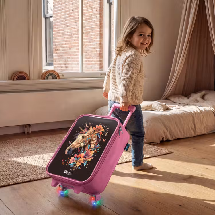 Eenhoorn en Bloemen op Zwarte Achtergrond Kinderkoffer - Roze klein -sfeer1