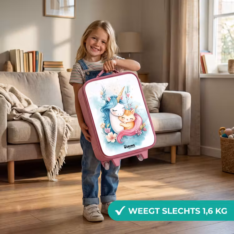 Eenhoorn met blauwe manen en oranje kitten Kinderkoffer - Roze klein -sfeer2_NL