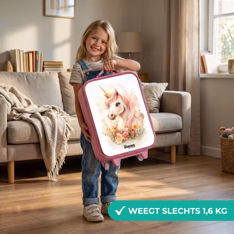 Eenhoorn met roze manen tussen pastelbloemen Kinderkoffer - Roze klein -sfeer2_NL