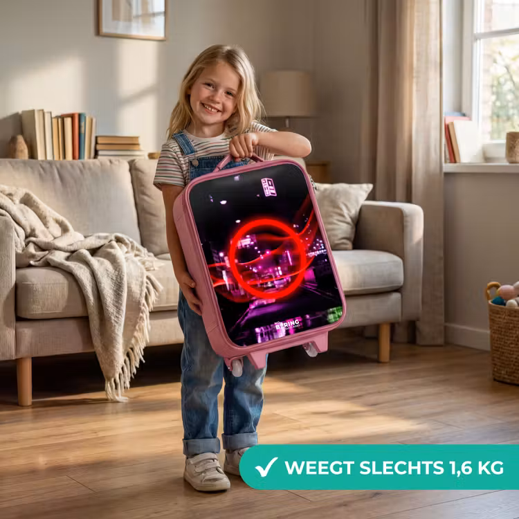 Felrode cirkel boven een neonverlichte stad Kinderkoffer - Roze klein -sfeer2_NL