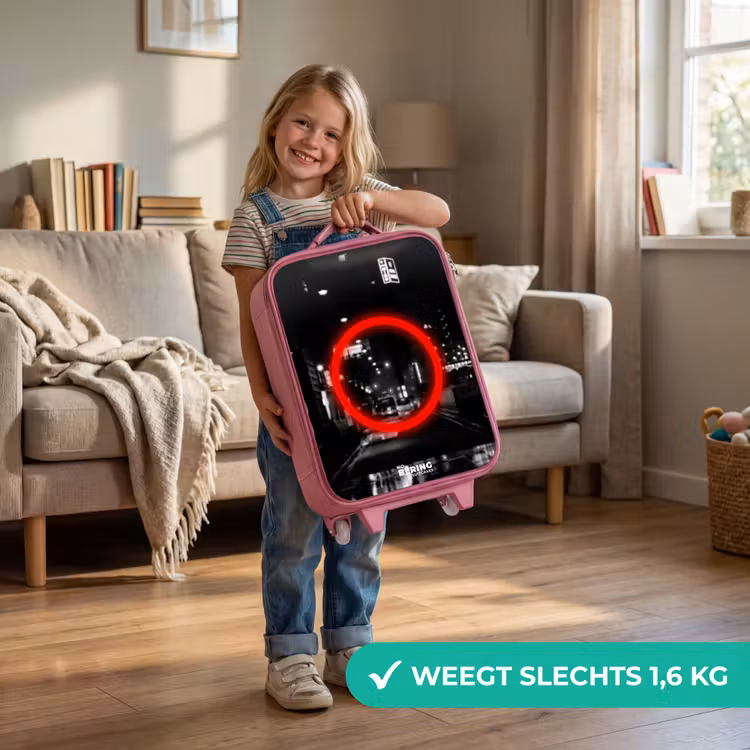 Felrode cirkel boven een stadsstraat Kinderkoffer - Roze klein -sfeer2_NL