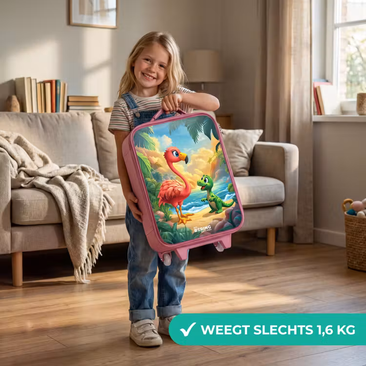 Flamingo en dinosaurus op strand bij ondergaande zon Kinderkoffer - Roze klein -sfeer2_NL