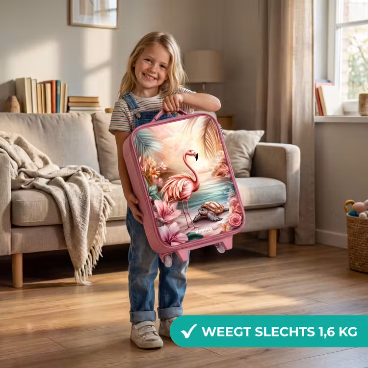Flamingo en schildpad op een roze strand. Kinderkoffer - Roze klein -sfeer2_NL
