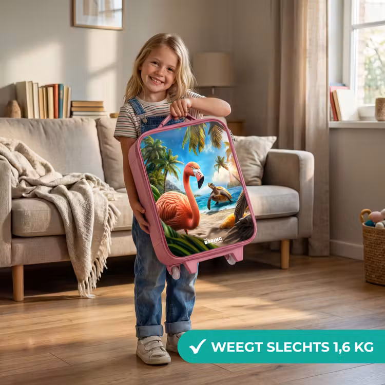 Flamingo en schildpad op tropisch strand Kinderkoffer - Roze klein -sfeer2_NL