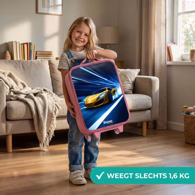 Gele sportwagen in lichttunnel van snelheid Kinderkoffer - Roze klein -sfeer2_NL