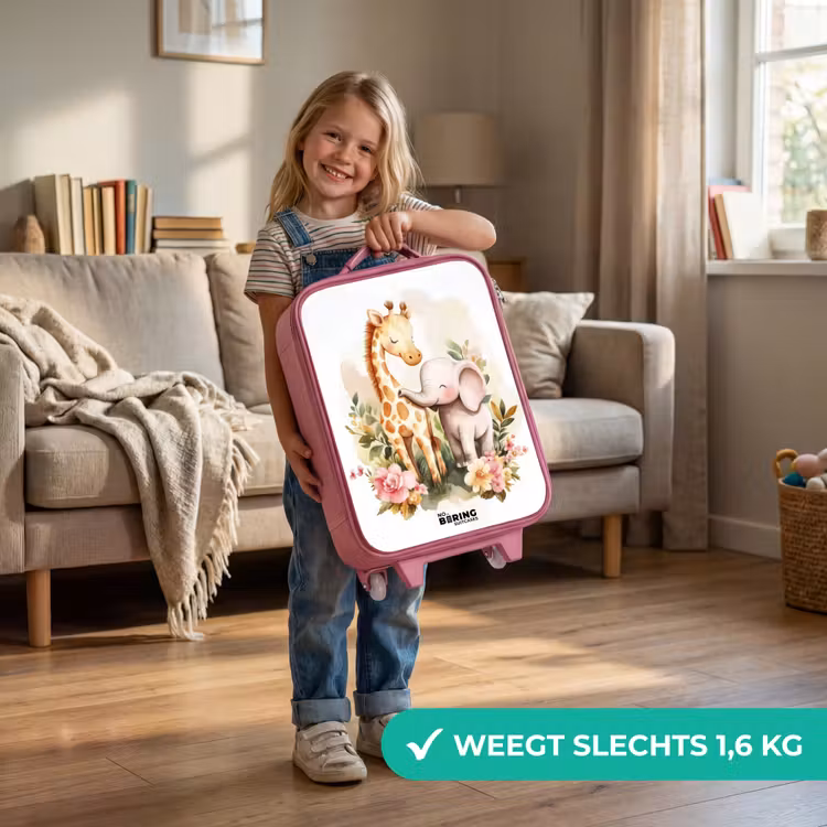 Giraffe en olifant tussen bloemen op witte achtergrond Kinderkoffer - Roze klein -sfeer2_NL