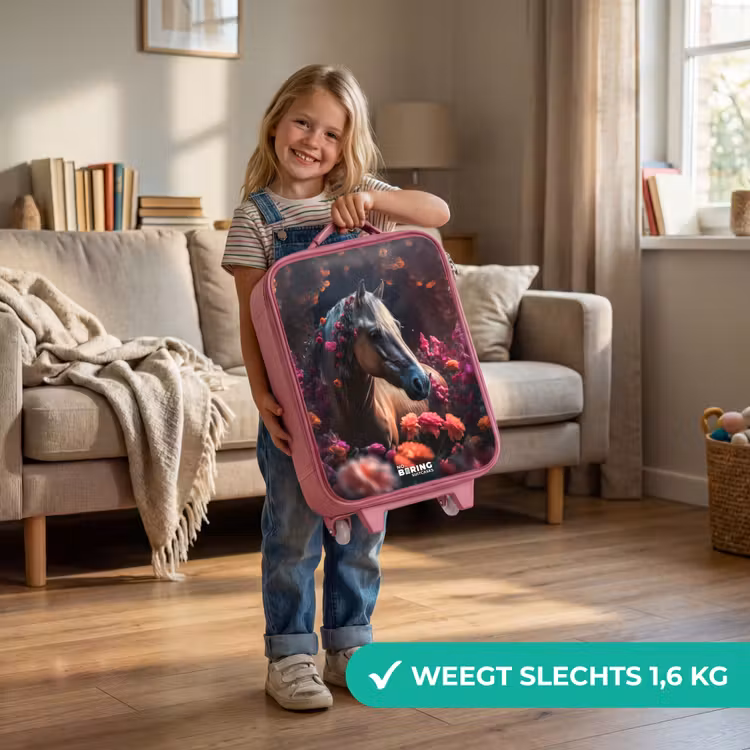 Goudbruin paard tussen de bloemen Kinderkoffer - Roze klein -sfeer2_NL