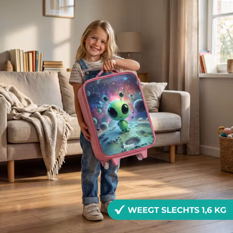 Groen buitenaards wezentje op maanlandschap Kinderkoffer - Roze klein -sfeer2_NL