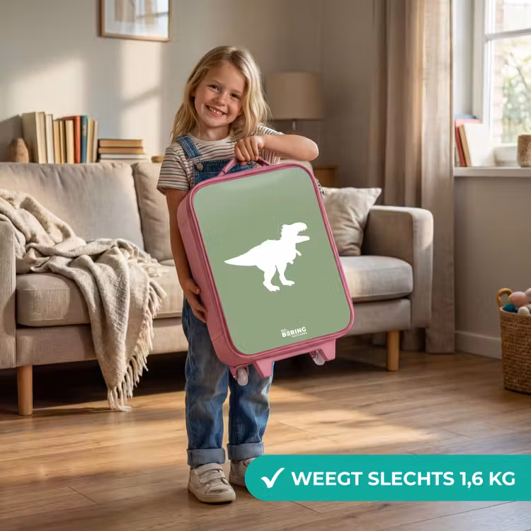 Groen met T-rex dino Kinderkoffer - Roze klein -sfeer2_NL