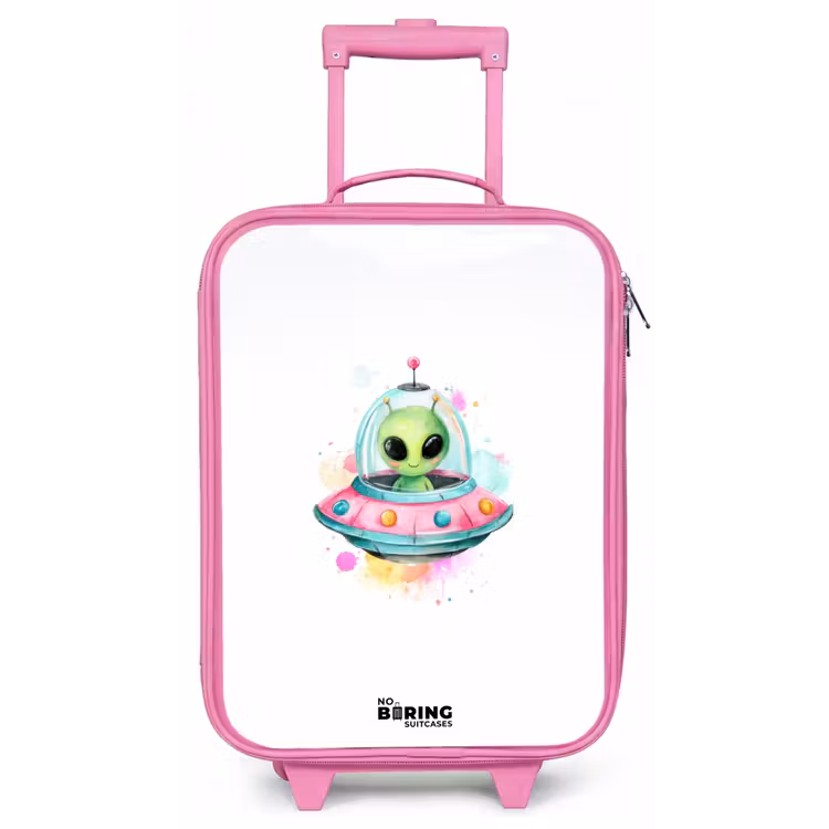 Groene alien in kleurrijke UFO Kinderkoffer - Roze klein -zz3dotto