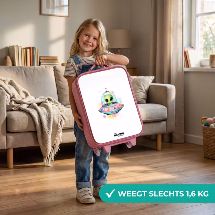Groene alien in kleurrijke UFO Kinderkoffer - Roze klein -sfeer2_NL