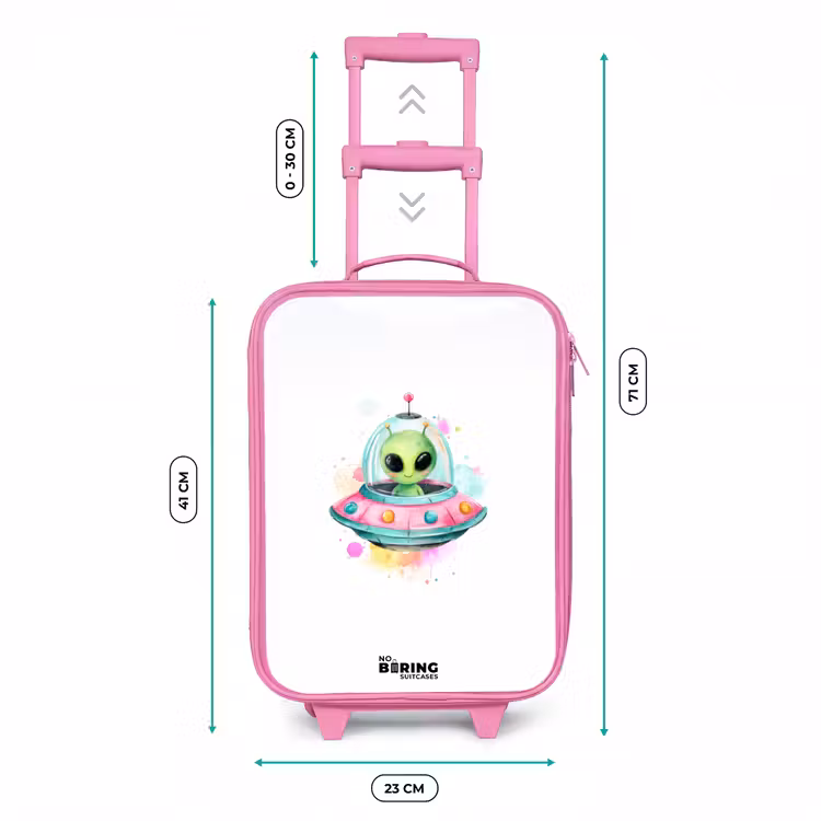 Groene alien in kleurrijke UFO Kinderkoffer - Roze klein -productfoto_formaten