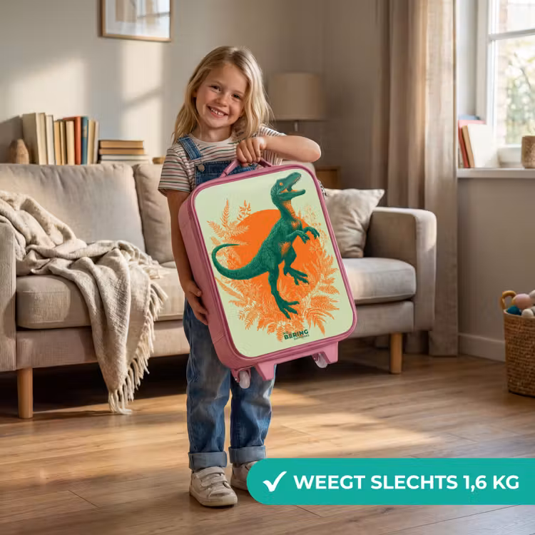 Groene dino tussen varens Kinderkoffer - Roze klein -sfeer2_NL