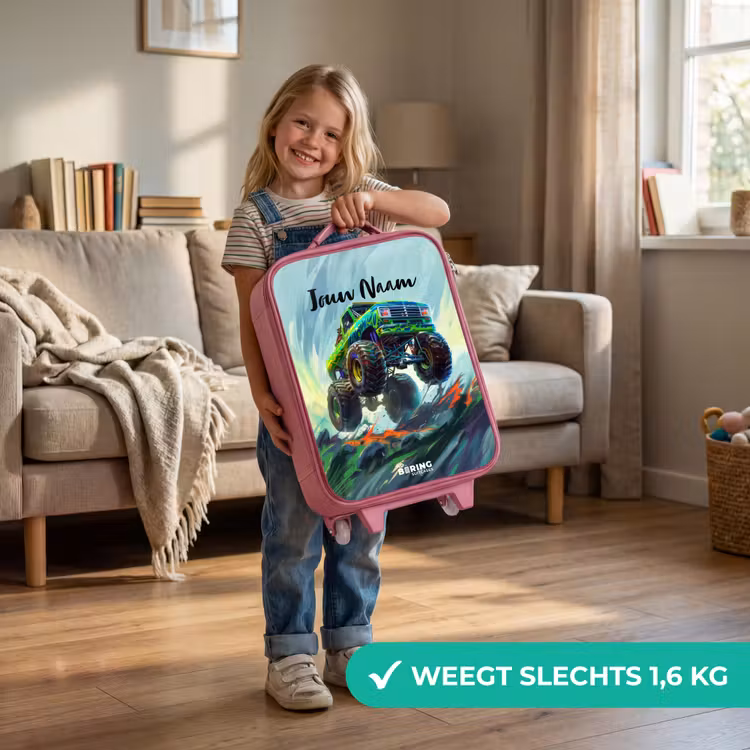 Groene Monstertruck met Penseelstreken Kinderkoffer - Roze klein -sfeer2_NL