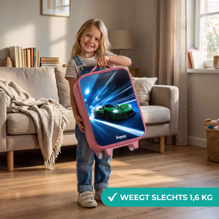 Groene supercar flitst door neonlicht Kinderkoffer - Roze klein -sfeer2_NL