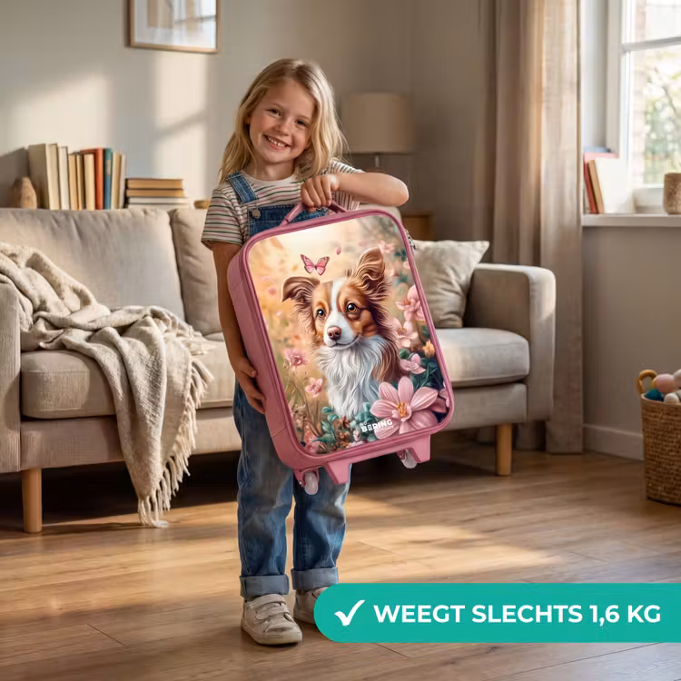 Hond in bloemenveld met vlinders Kinderkoffer - Roze klein -sfeer2_NL