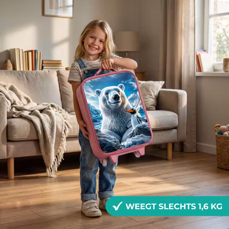 IJsbeer en pinguïn in besneeuwd berglandschap Kinderkoffer - Roze klein -sfeer2_NL