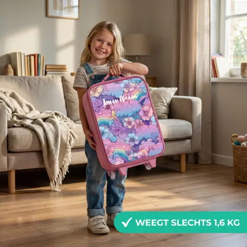 Illustratie van wolken, regenbogen en bloemen Kinderkoffer - Roze klein -sfeer2_NL