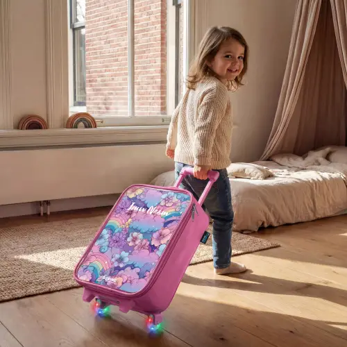 Illustratie van wolken, regenbogen en bloemen Kinderkoffer - Roze klein -sfeer1