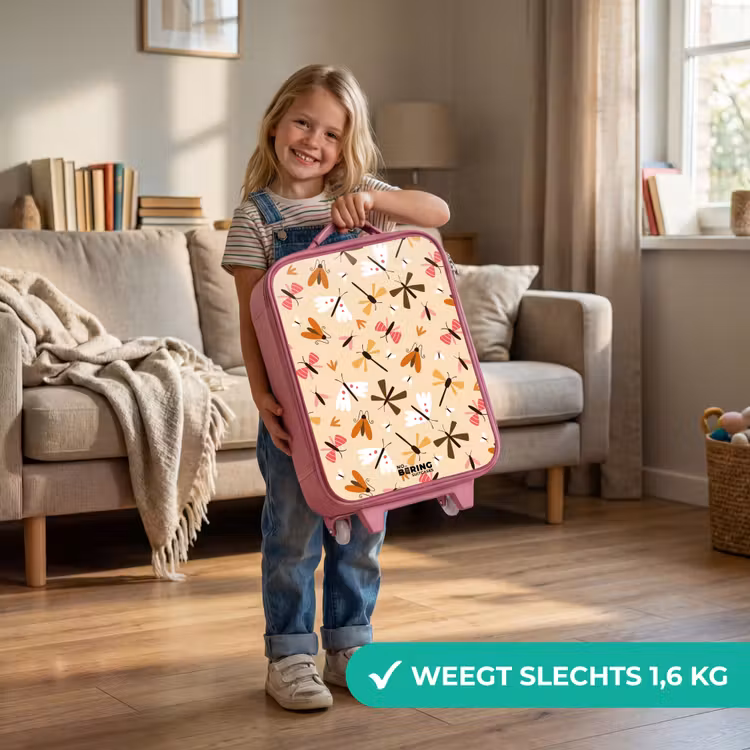 Insectenpatroon in bruin, roze en oranje op beige achtergrond Kinderkoffer - Roze klein -sfeer2_NL