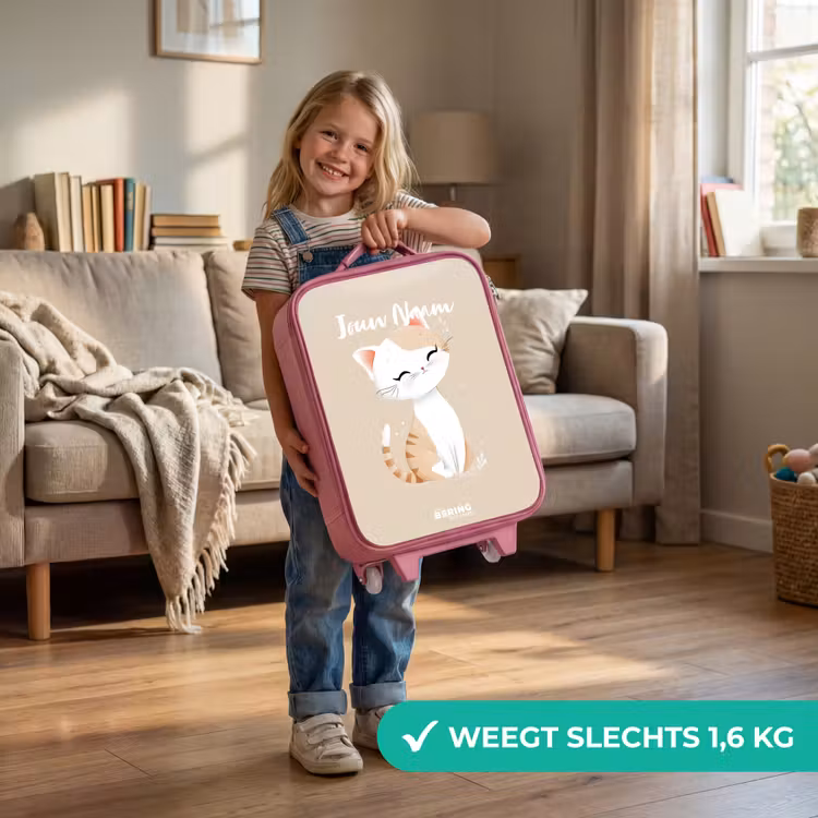 Kitten in de kleuren beige en wit Kinderkoffer - Roze klein -sfeer2_NL