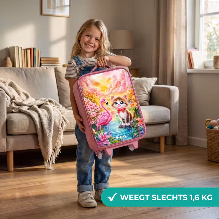 Kitten met flamingo in tropisch bloemenparadijs Kinderkoffer - Roze klein -sfeer2_NL