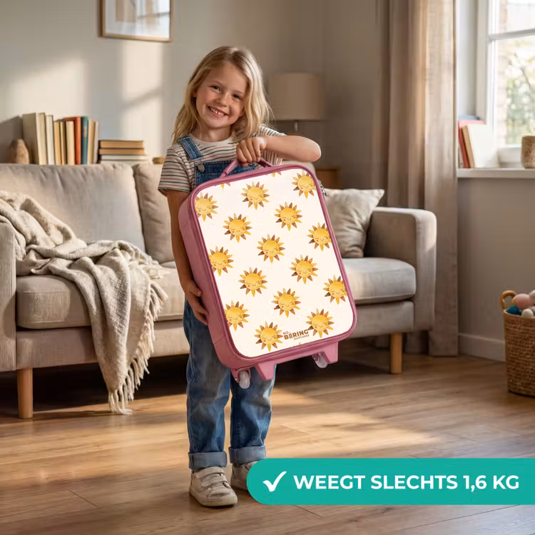 Lachende zonnetjes als patroon op beige achtergrond Kinderkoffer - Roze klein -sfeer2_NL