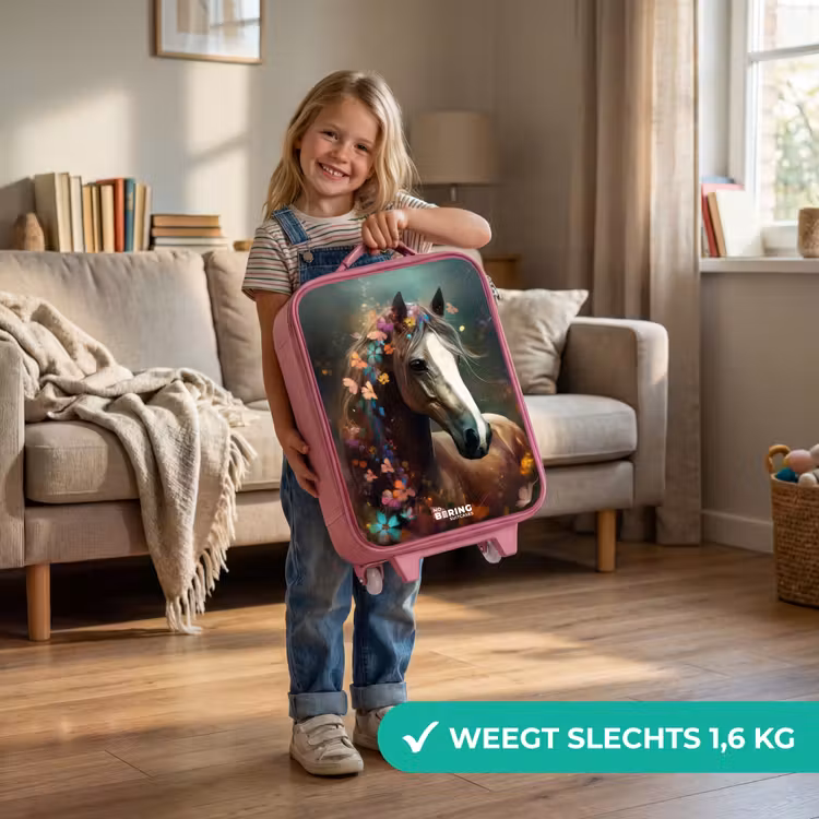 Lichtbruin paard tussen de bloemen Kinderkoffer - Roze klein -sfeer2_NL