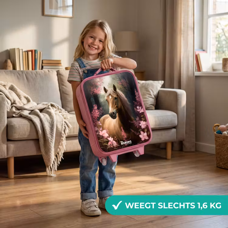 Lichtbruin paard tussen de roze bloemen Kinderkoffer - Roze klein -sfeer2_NL