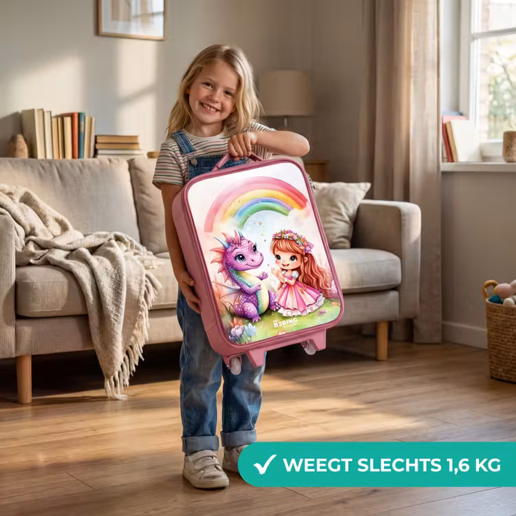 Meisje met paarse draak onder regenboog Kinderkoffer - Roze klein -sfeer2_NL