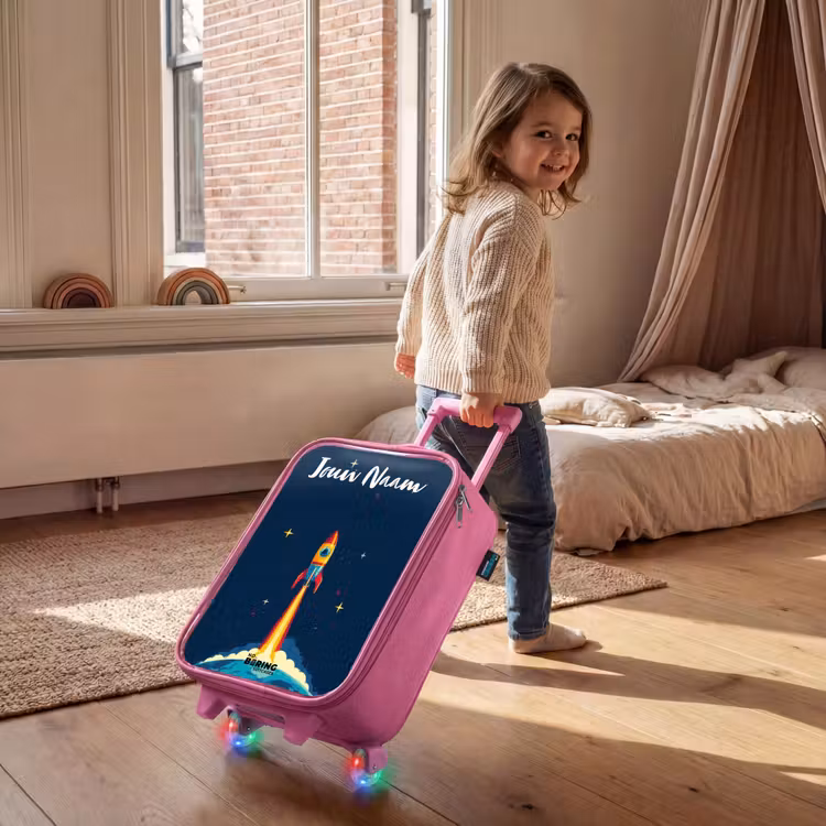 Planeet - Raket - Sterren - Donkerblauw Kinderkoffer - Roze klein -sfeer1