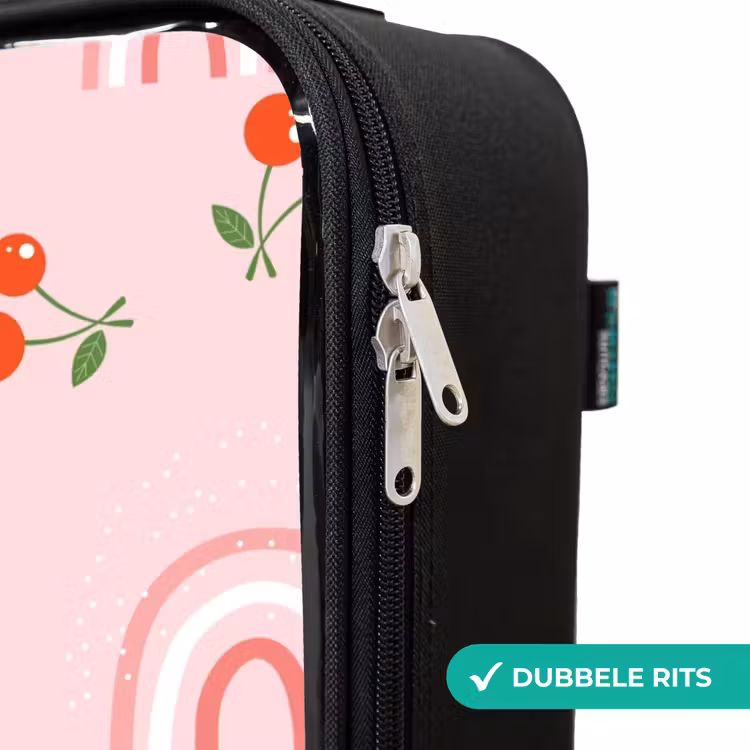 Roze met regenboog en kersen patroon Kinderkoffer - Zwart klein -rits_NL