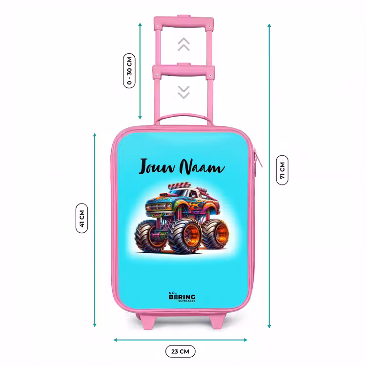 Monstertruck op Lichtblauwe Achtergrond Kinderkoffer - Roze klein -productfoto_formaten