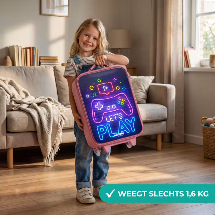 Neoncontroller tegen een bakstenen muur Kinderkoffer - Roze klein -sfeer2_NL