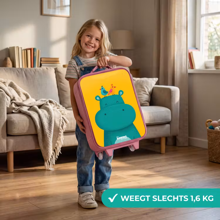 Nijlpaard - Vogels - Geel Kinderkoffer - Roze klein -sfeer2_NL