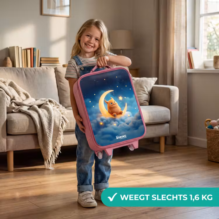 Oranje monster op maansikkel Kinderkoffer - Roze klein -sfeer2_NL