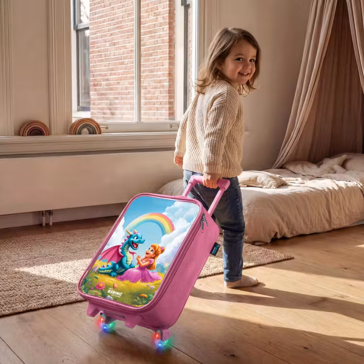 Prinses en dino in een kleurrijke wereld Kinderkoffer - Roze klein -sfeer1