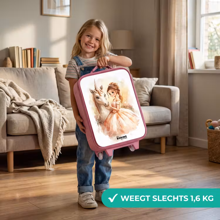 Prinses in jurk met witte eenhoorn Kinderkoffer - Roze klein -sfeer2_NL