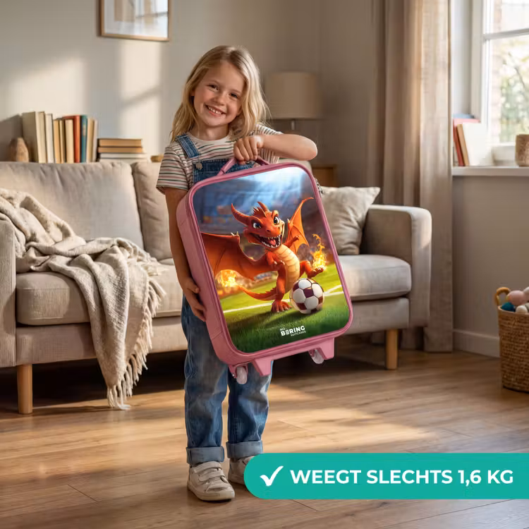 Rode draak voetbalt in zonnig stadion Kinderkoffer - Roze klein -sfeer2_NL